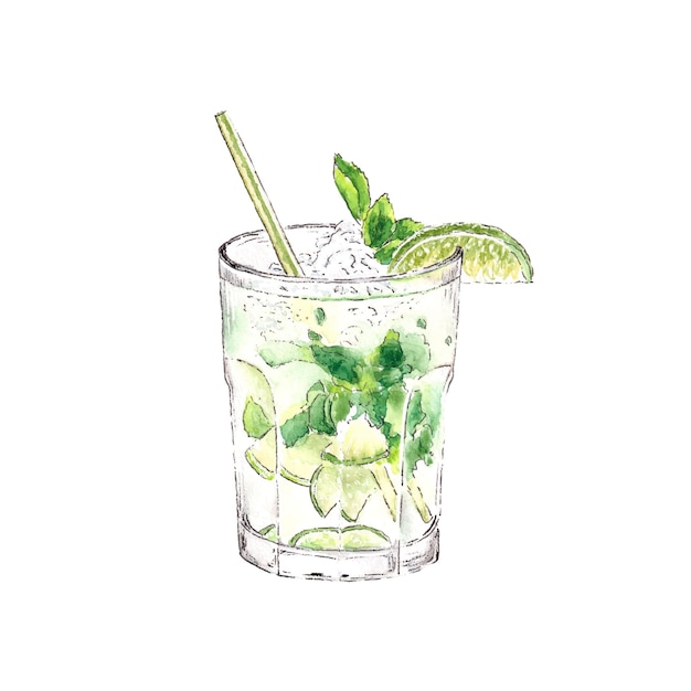 Mojito cocktail watercolor hand drawn illustration isolated on white background