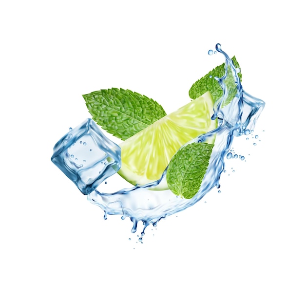 Mojito drink ice cubes lime fruit slice water splash and mint Realistic mojito drink splash Cool beverage lemonade or cocktail whirl vector ripples with lemon slice mint leaves and ice