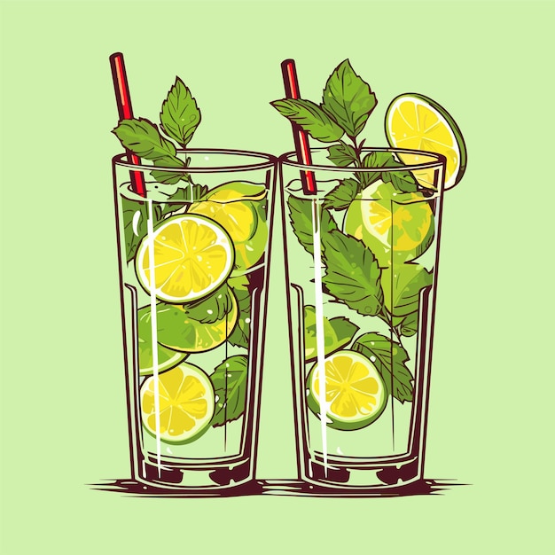 Mojito in a glass Alcohol or nonalcoholic cocktail Classic cocktail with lime mint and ice Vector illustration