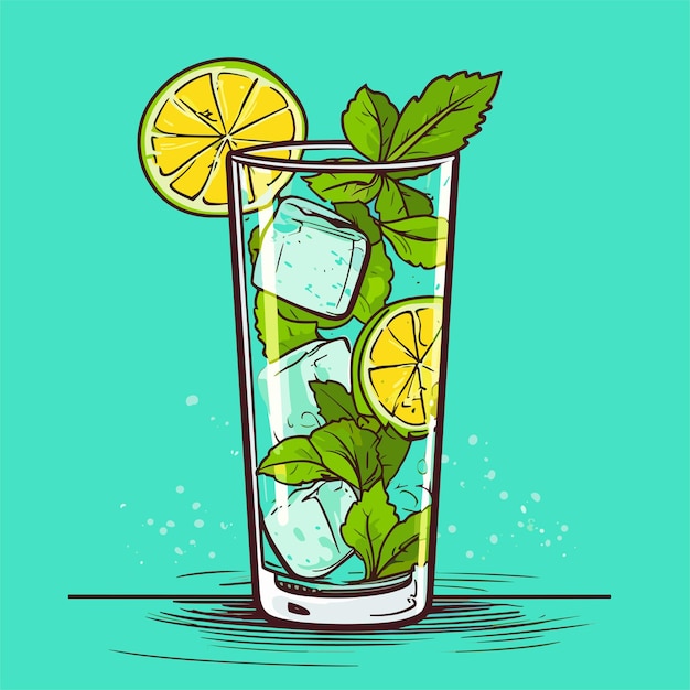 Mojito in a glass Alcohol or nonalcoholic cocktail Classic cocktail with lime mint and ice Vector illustration