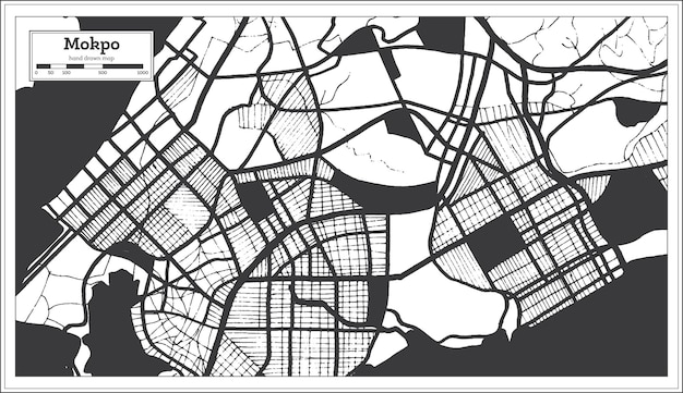 Mokpo South Korea City Map in Black and White Color in Retro Style