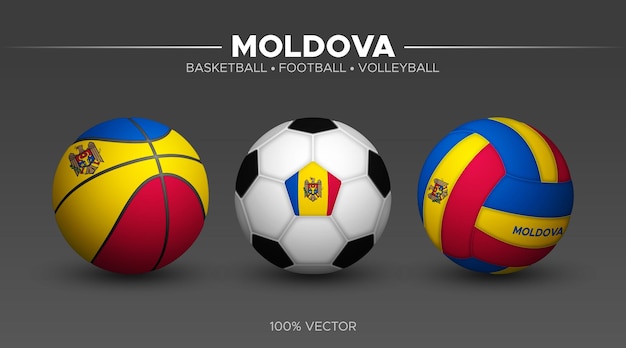 Vector moldova flag basketball football volleyball balls mockup 3d vector sport illustration isolated