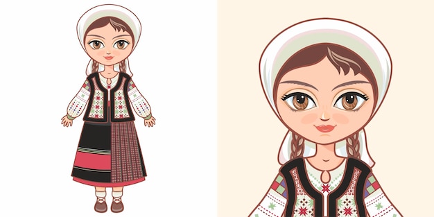 Vector moldovan national costume girl in ethnic clothes of moldova