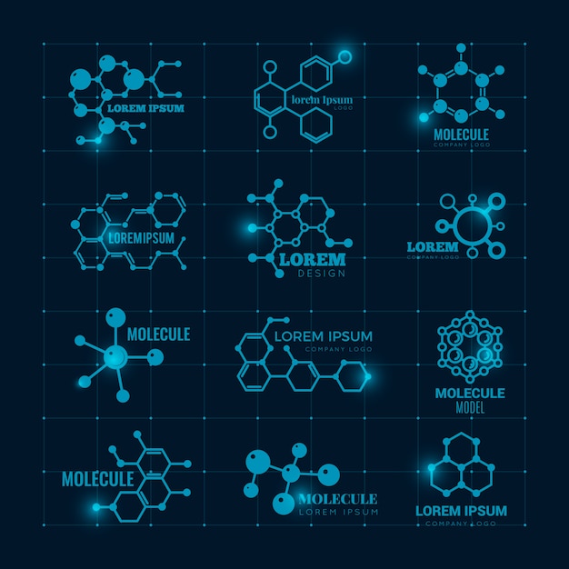 Molecular logo with shine effect. Chemistry dna molecule scientific structure atom icons  set