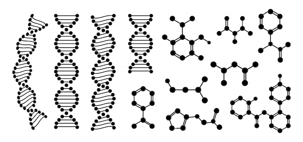 Molecular structure chemical atom flat glyph set. Abstract structure DNA molecule. Chemistry science, molecular structure, laboratory cell protein black silhouette. illustration