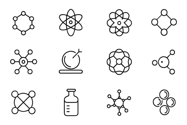 Molecule cell atom protein related editable stroke outline icons set vector illustration