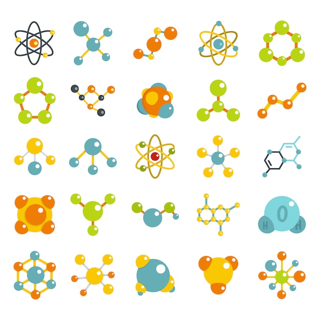 Molecule icon set. Flat set of molecule vector icons collection isolated