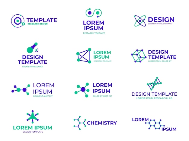 Molecule structure badges Hexagon molecules design dna bio and hexagonal logo Chemistry genetic or microbiology research recent vector icons