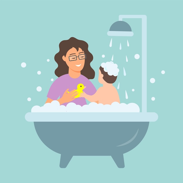 Mom bathes her baby in a bubble bath Vector hand drawn illustration in cartoon flat style