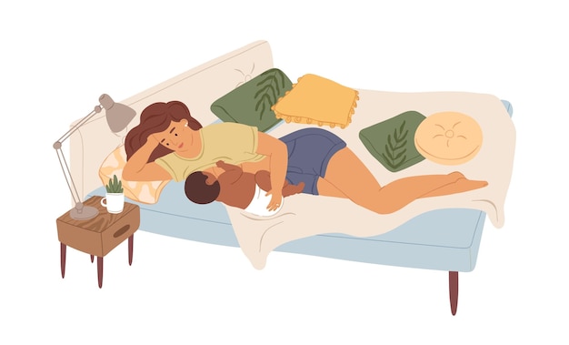 Mom breastfeeding newborn baby. Happy mother on bed with child, who suckling breast. Young woman feeding black-skinned infant with breastmilk. Colored flat vector illustration isolated on white.