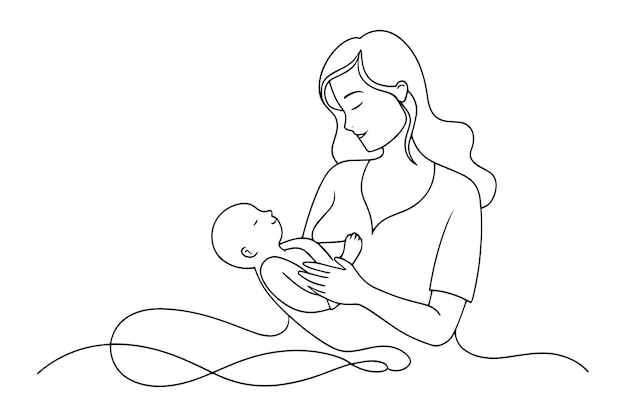 Mom breastfeeds a newborn continuous line art vector illustration