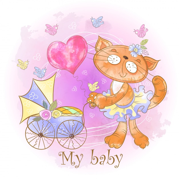 Mom cat with a baby in a stroller. My baby. Baby shower.