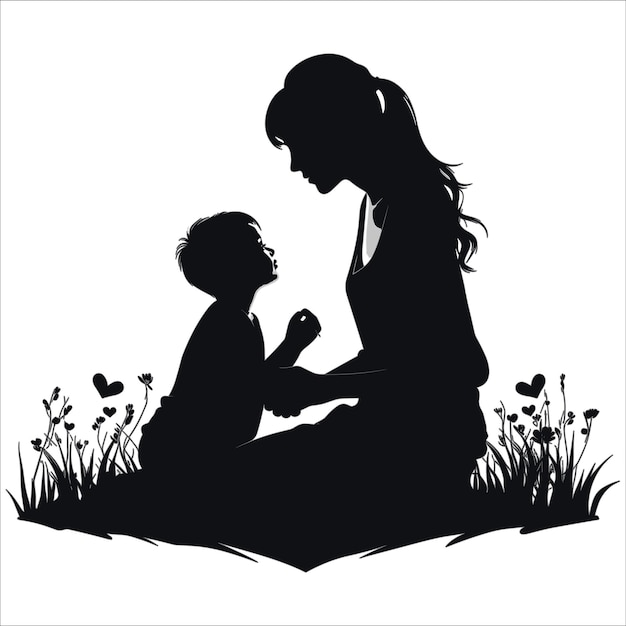 mom and child love in the style of silhouette white background