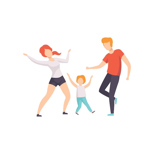 Vector mom dad and son dancing boy having fun with his parents vector illustration isolated on a white background