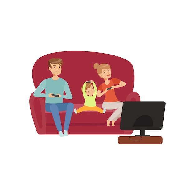 Mom dad and their little son sitting on the sofa and watching TV happy family and parenting concept vector Illustration isolated on a white background