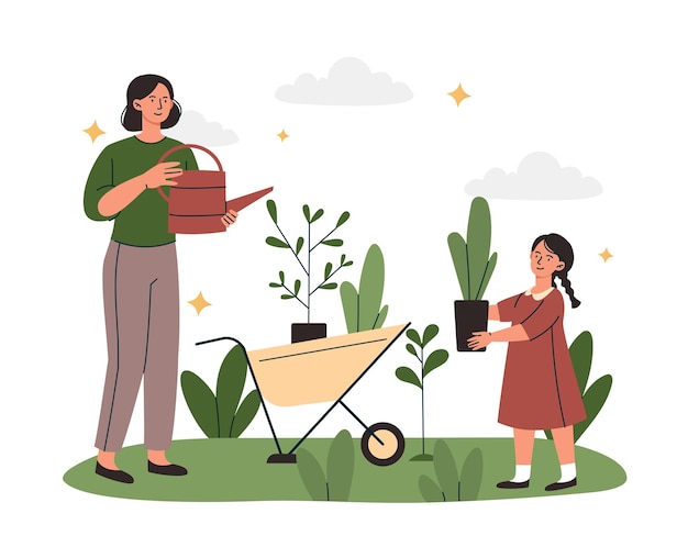 Mom and daughter in garden concept