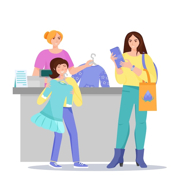 Mom and daughter shopping. Happy girl with new dress in her hands. Vector illustration