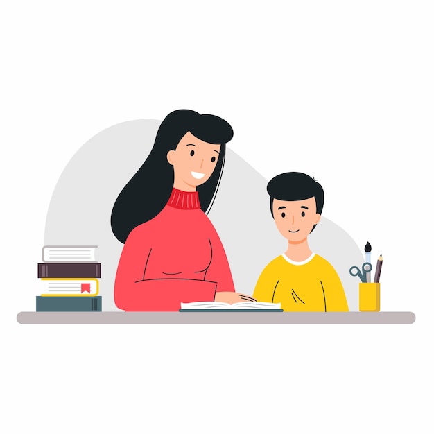 Mom does homework with son Boy is engaged with tutor Woman and child reading book Home schooling School homework Teacher and student