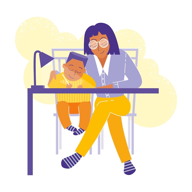 Mom helps her little son to do homework the child learns to write vector flat illustration