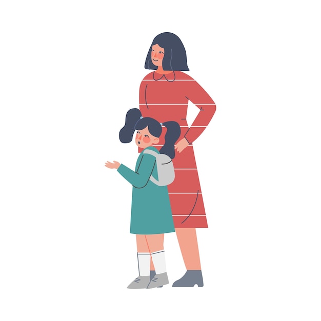 Mom and her Cute Daughter with Backpack Cartoon Vector Illustration