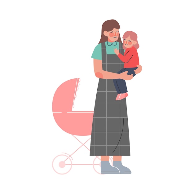 Mom Holding Toddler Baby in her Hands Cartoon Vector Illustration