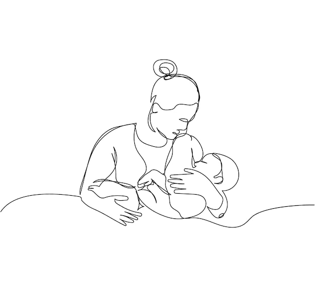 Mom holds a child in her arms one line art Continuous line drawing newborn motherhood family love