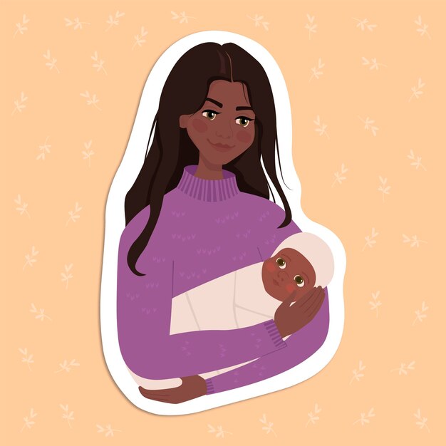 Mom holds a newborn baby in her arms. Warm modern illustration sticker. Motherhood support