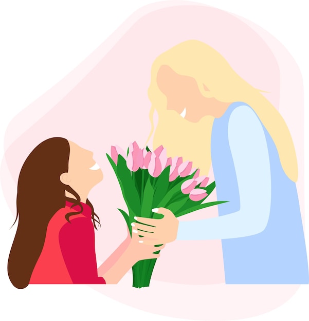 Mom hugs her daughter Daughter give her mum flowers TulipHappy mother's day Mother holds child