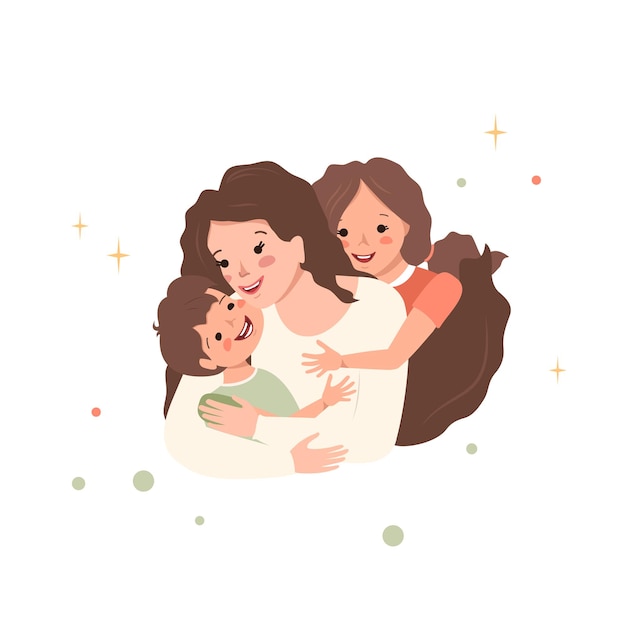 Mom hugs her son and daughter Happy family Mom love for children International maternity day women day Parenting and caring