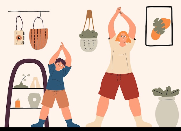 Mom is doing exercise with her son at home The family goes in for sports together Vector