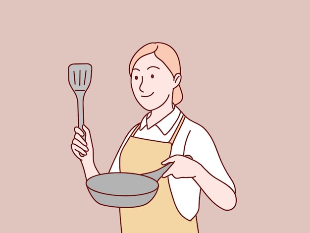 Mom is getting ready to cook with a pan and a spatula simple korean style illustration