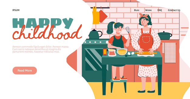 Mom and kid cooking in kitchen landing page flat cartoon vector illustration