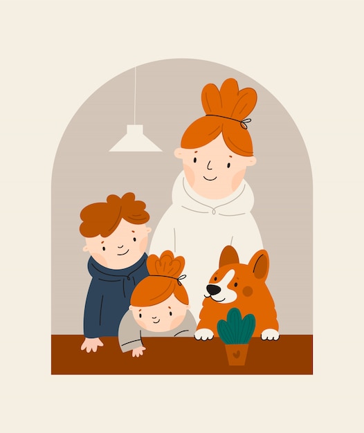 Vector mom and kids looking to window cartoon characters. stay at home, quarantine concept