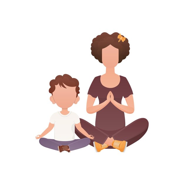 Mom and little son are sitting doing meditation Isolated Cartoon style