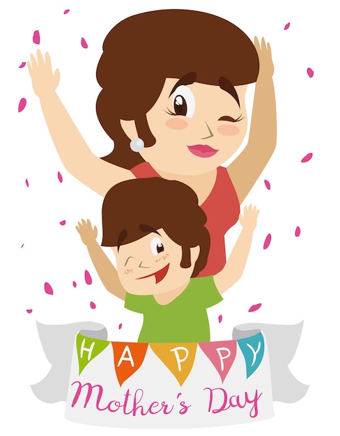 Vector mom and little son smiling with hands up on mothers day celebrating with confetti and happiness