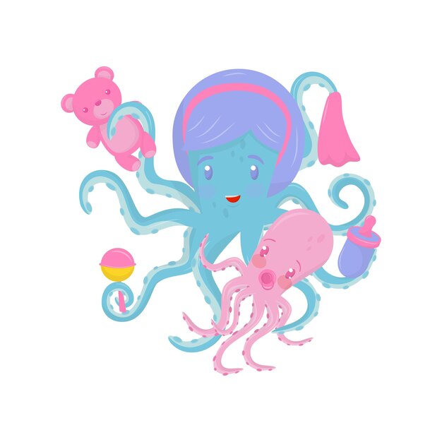 Vector mom octopus with her little baby marine animal holding small bottle handkerchief and toys in tentacles flat vector for poster or banner