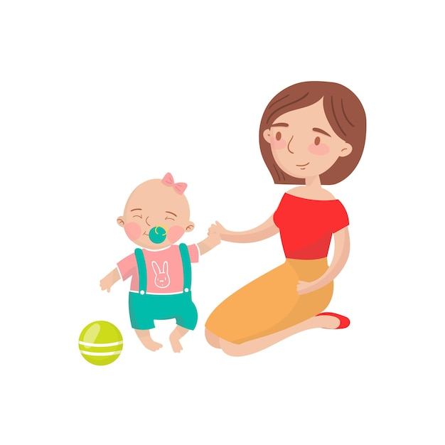 Mom playing ball with her little baby son cartoon vector Illustration