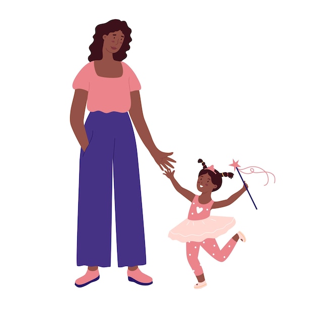 Mom plays with little princess daughter Single mother black skin people ballerina Isolated