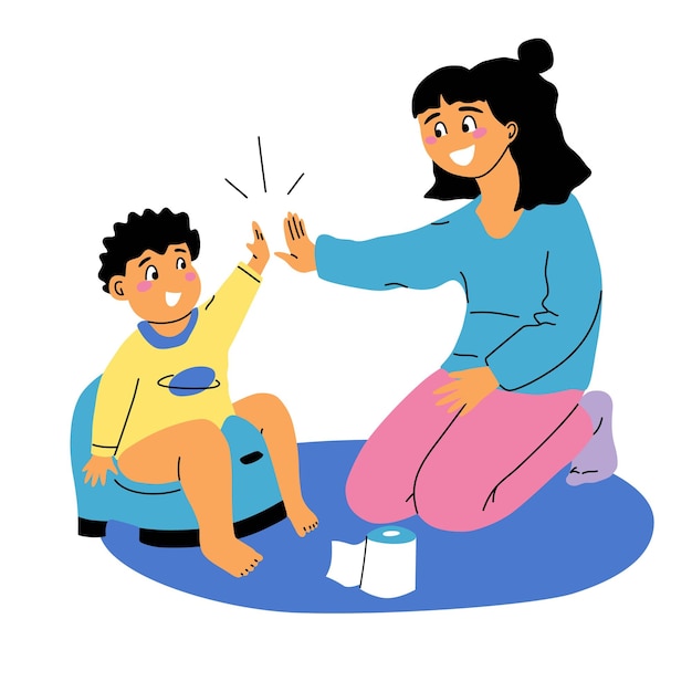 Mom praising baby boy using potty Potty training vector illustration