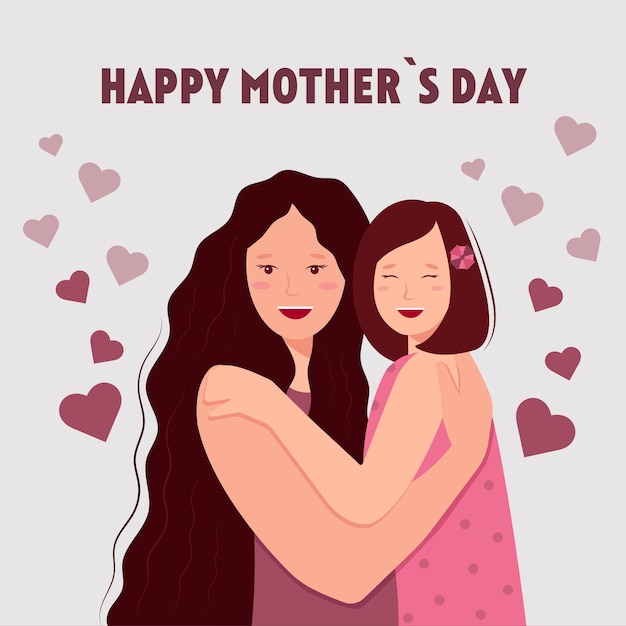 Mom s birthday card flat Mother's day greeting card Mom hugs her daughter Vector illustration in flat style