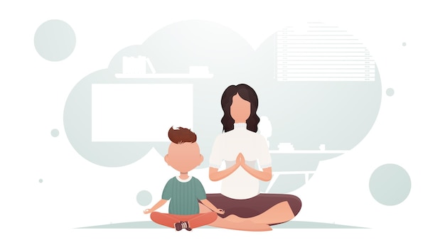 Mom and son are sitting in the room meditating in the lotus position Yoga Cartoon style