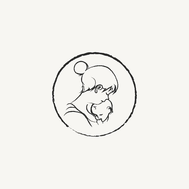 Mom and son line art style vector illustration with baby love woman concept for nursing lactating logo