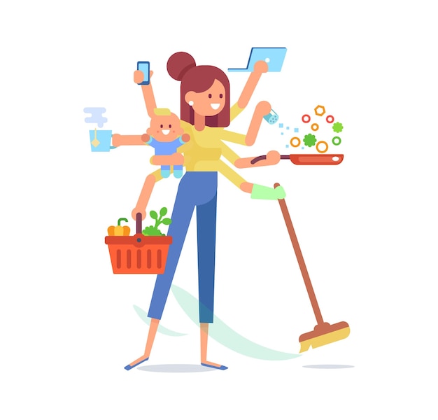 Mom with baby working cooking cleaning and make a shopping Multitasking woman Vector flat cartoon