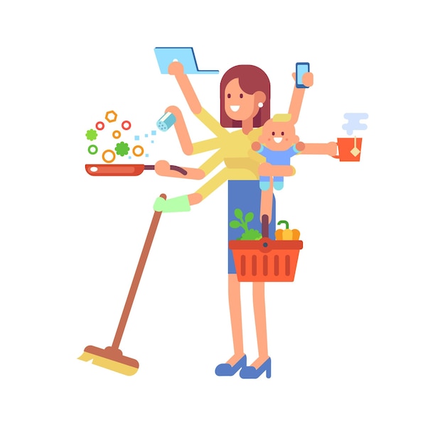 Mom with baby working cooking cleaning and make a shopping Multitasking woman Vector flat cartoon