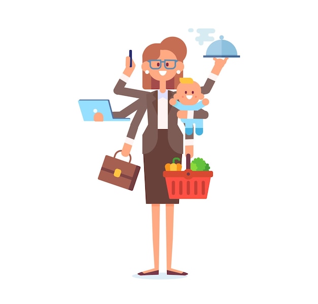 Mom with baby working cooking cleaning and make a shopping Multitasking woman Vector flat cartoon