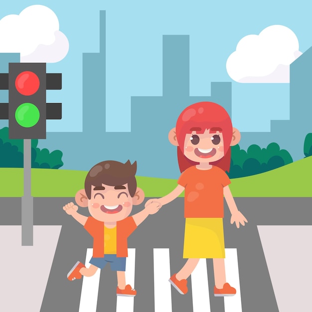 mom with children crossing street Premium Vector