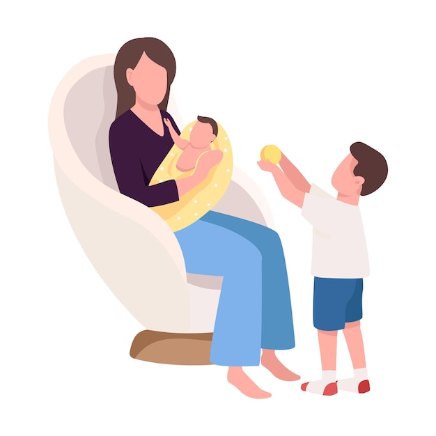 Mom with kids at home semi flat color vector characters. Interacting figures. Full body people on white. Happy family isolated modern cartoon style illustration for graphic design and animation