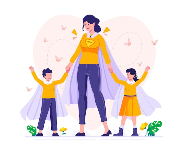 Mommy Daughter and Son with superhero capes Superhero Mom with children Mother's Day Illustration