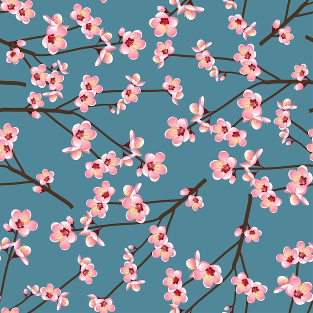 Momo Peach Flower Blossom Seamless on Blue Background