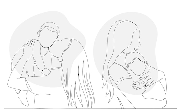 Moms and babies sketch continuous line drawing vector